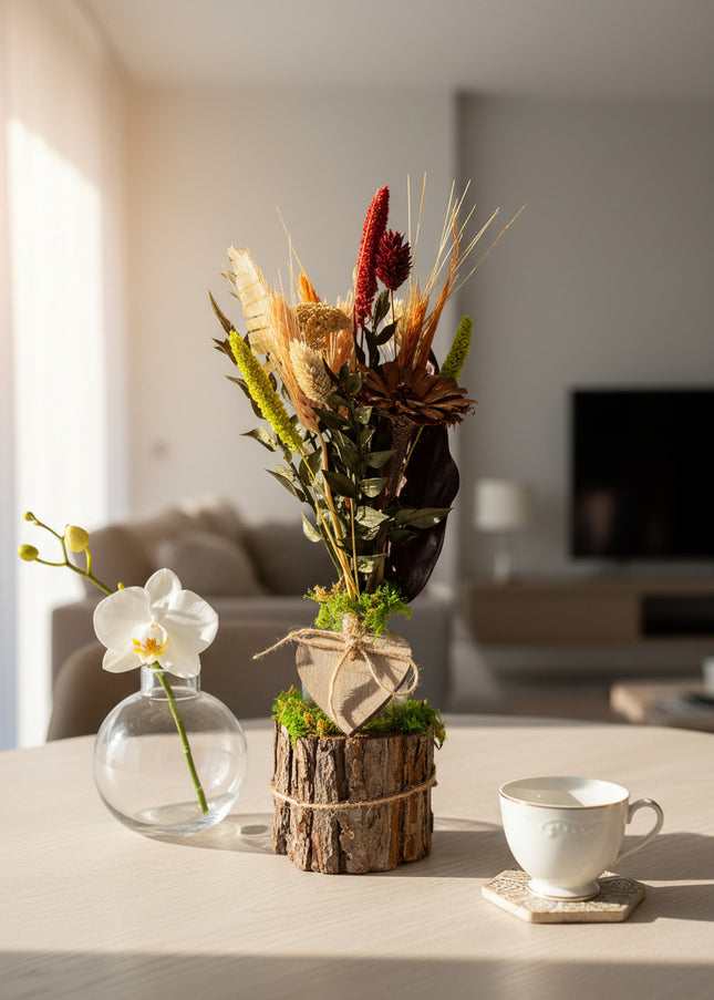 Mini-Aranjament Floral „Rustic Harvest” în Suport de Scoarță – Decor cu Flori Uscate, Grâu și Accente Bordo