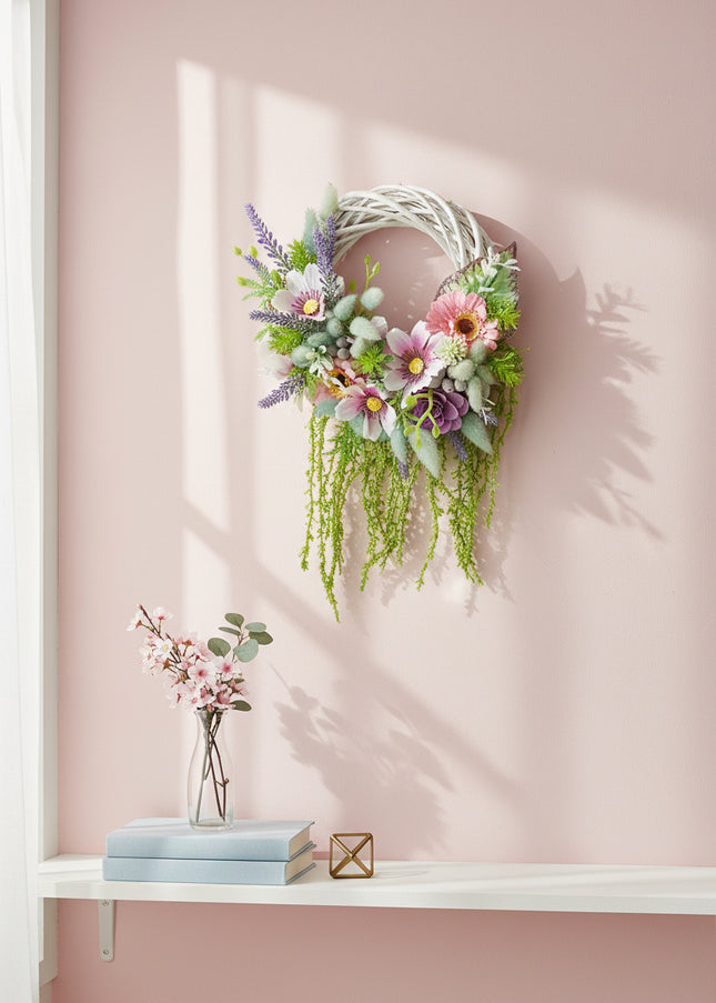 Coroniță Handmade „Secret Garden” – Aranjament Floral Curgător pe Bază de Răchită Albă cu Lavandă și Plante Verzi