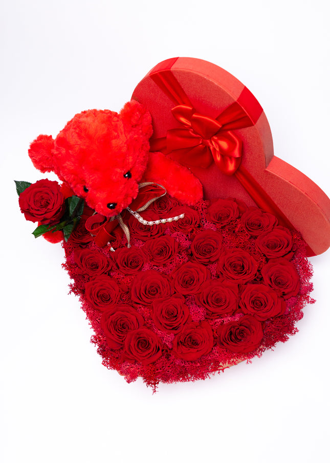 Aranjament Inimă Lux 27 Trandafiri Criogenați Roșii & Ursulet