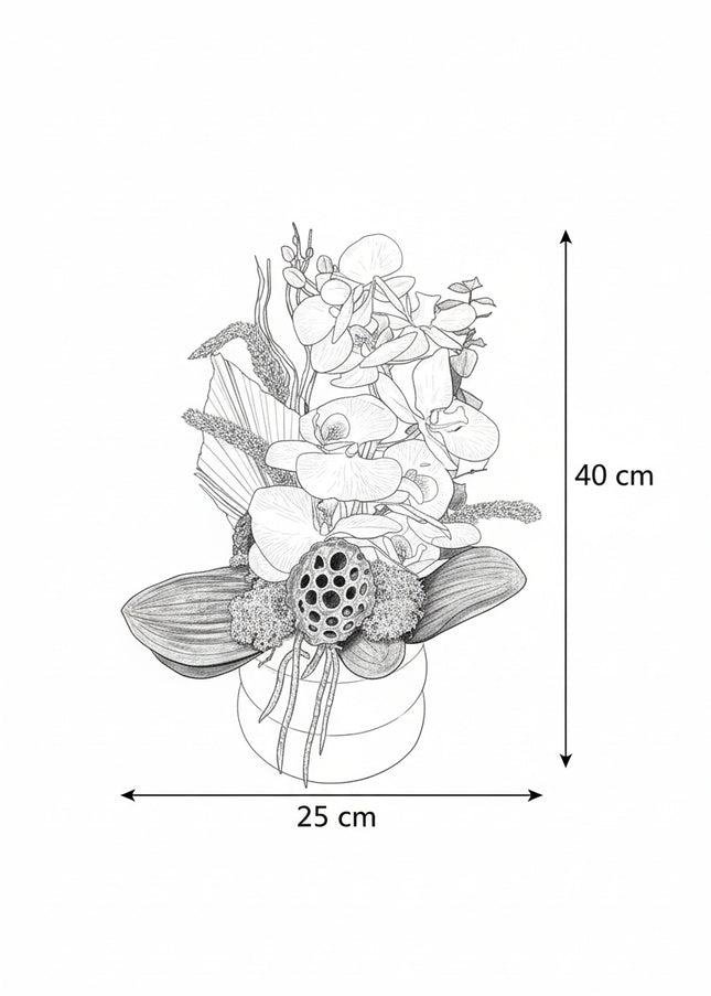 Aranjament Floral „Pink Velvet Orchid” în Vas Lila – Compoziție Premium cu Orhidee Pastel, Palmier și Accente de Bumbac