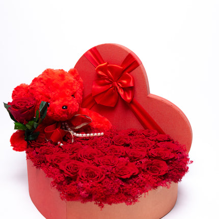 Aranjament Inimă Lux 27 Trandafiri Criogenați Roșii & Ursulet