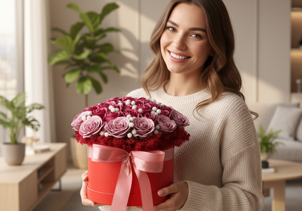 Aranjament Lux Trandafiri Artizanali Magenta-Roz, Cutie Roșie
