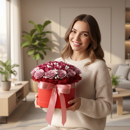 Aranjament Lux Trandafiri Săpun Magenta-Roz, Cutie Roșie