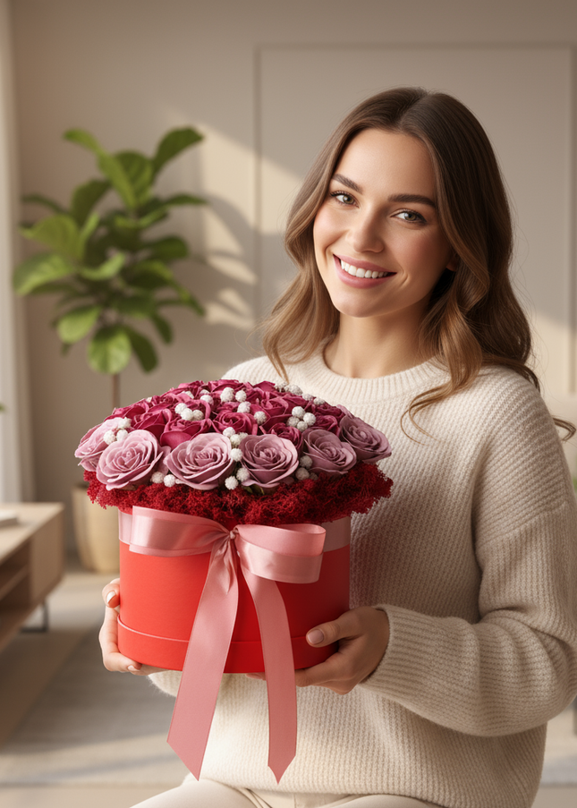 Aranjament Lux Trandafiri Săpun Magenta-Roz, Cutie Roșie