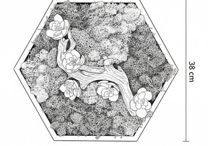 Decor Mural Modular „Emerald Hive” – Un Panou Hexagonal Handmade cu Mușchi, Licheni și Relief Botanic