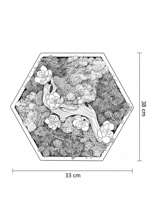 Decor Mural Modular „Emerald Hive” – Un Panou Hexagonal Handmade cu Mușchi, Licheni și Relief Botanic
