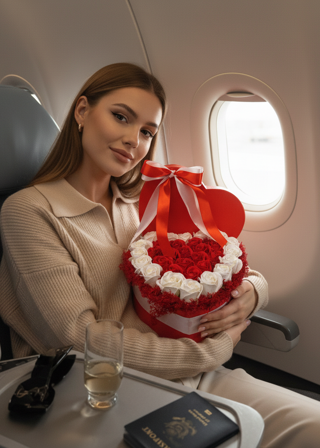 Aranjament Inimă Lux Trandafiri Săpun Roșu-Alb & Fundă