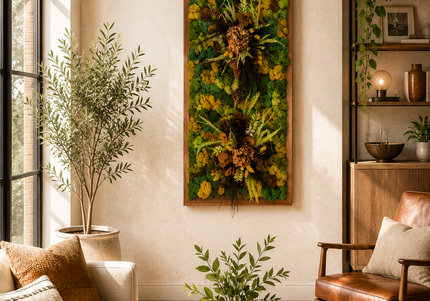 Tablou Biophilic Vertical „Golden Forest” – Panou Handmade cu Mușchi Stabilizați și Accente Botanice Premium