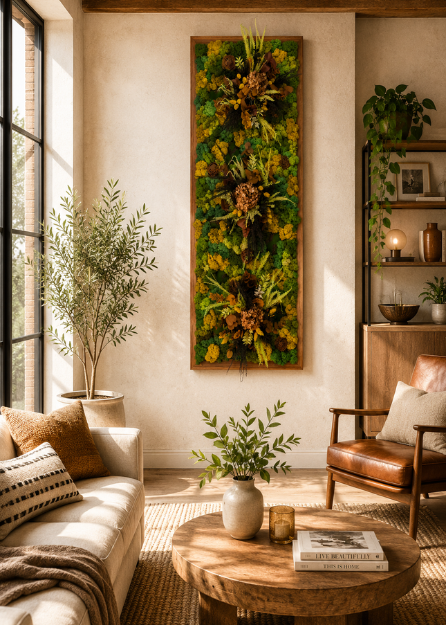 Tablou Biophilic Vertical „Golden Forest” – Panou Handmade cu Mușchi Stabilizați și Accente Botanice Premium