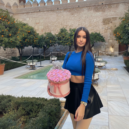 Aranjament Lux Trandafiri Săpun Roz, Ursulet Catifea