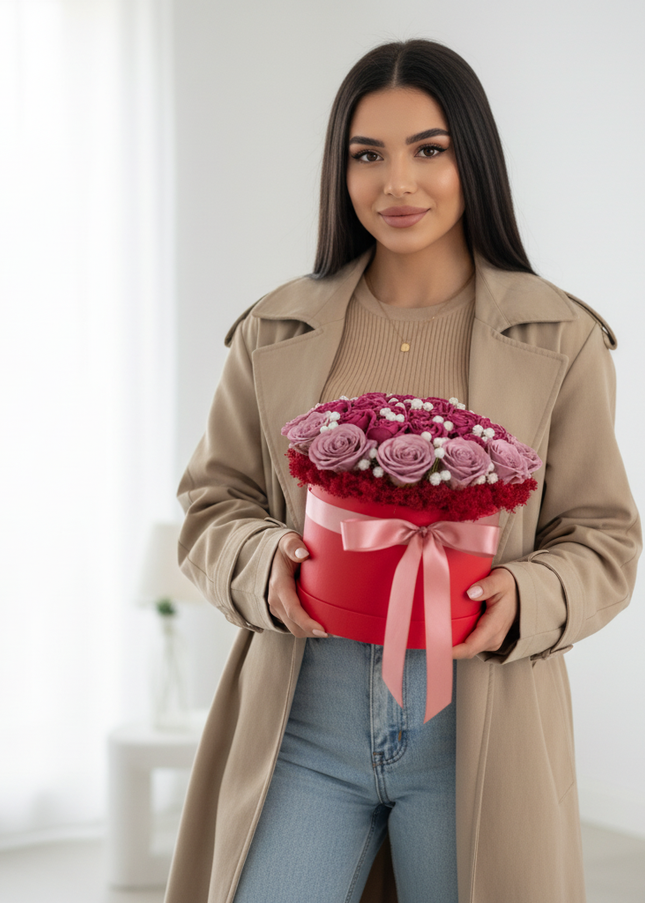 Aranjament Lux Trandafiri Săpun Magenta-Roz, Cutie Roșie