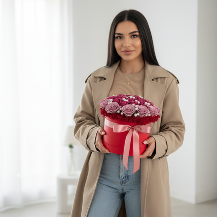 Aranjament Lux Trandafiri Săpun Roșii, Cutie Catifea