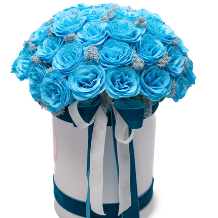 Aranjament Lux 51 Trandafiri Săpun Turcoaz (Glitter) & Fundă Dublă