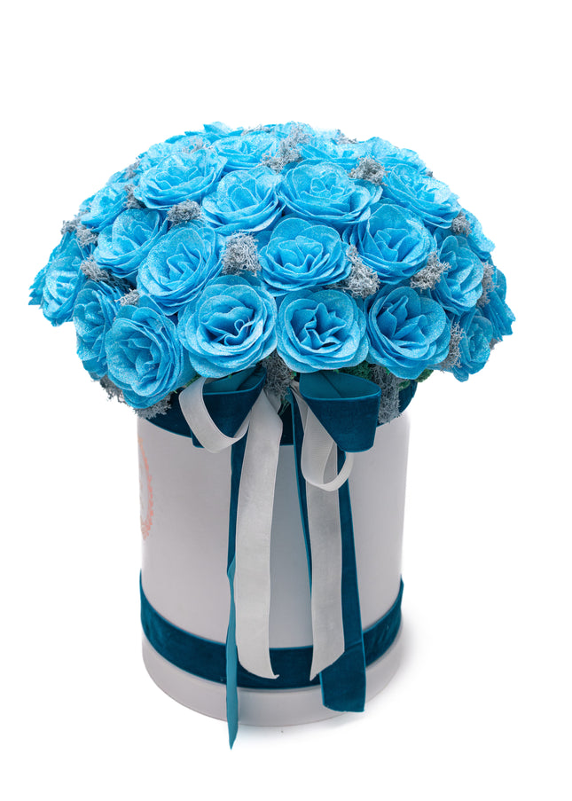 Aranjament Lux 51 Trandafiri Săpun Turcoaz (Glitter) & Fundă Dublă