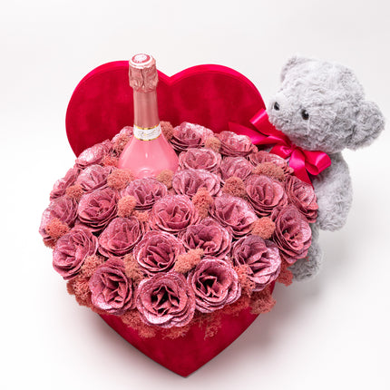 Aranjament Inimă Catifea, 31 Trandafiri Săpun Roz Glitter, Șampanie & Ursuleț