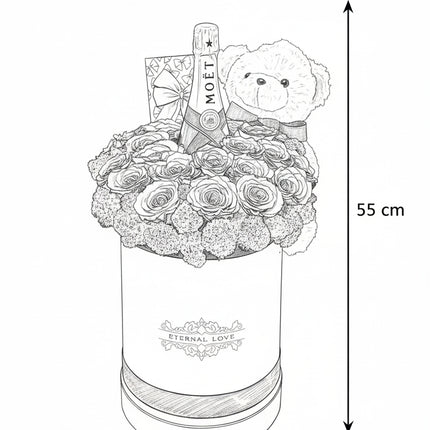 Aranjament Lux 21 Trandafiri Criogenați Roșii, Șampanie Moët & Ursulet