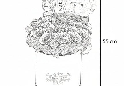 Aranjament Lux 19 Trandafiri Criogenați, Moët, Ursulet & Praline