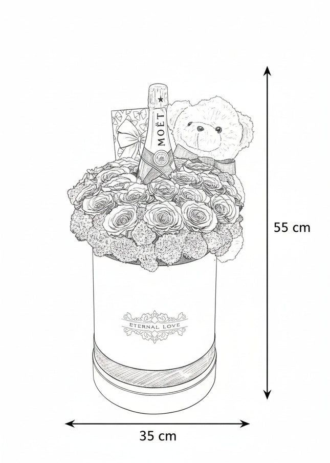 Aranjament Lux 19 Trandafiri Criogenați, Moët, Ursulet & Praline