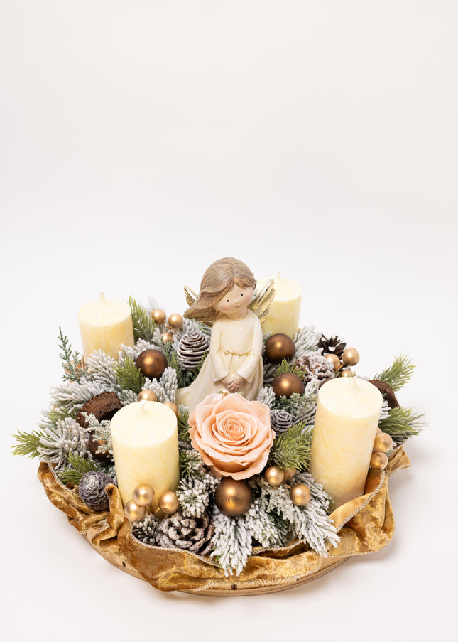 Aranjament Crăciun Advent  "Glow of Angels" cu Trandafir și Catifea