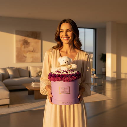 Aranjament Lux Trandafiri Săpun Mov-Alb, Ursulet Pufos