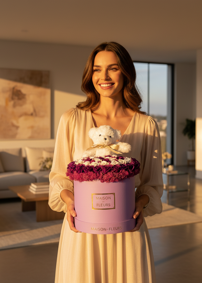 Aranjament Lux Trandafiri Săpun Mov-Alb, Ursulet Pufos