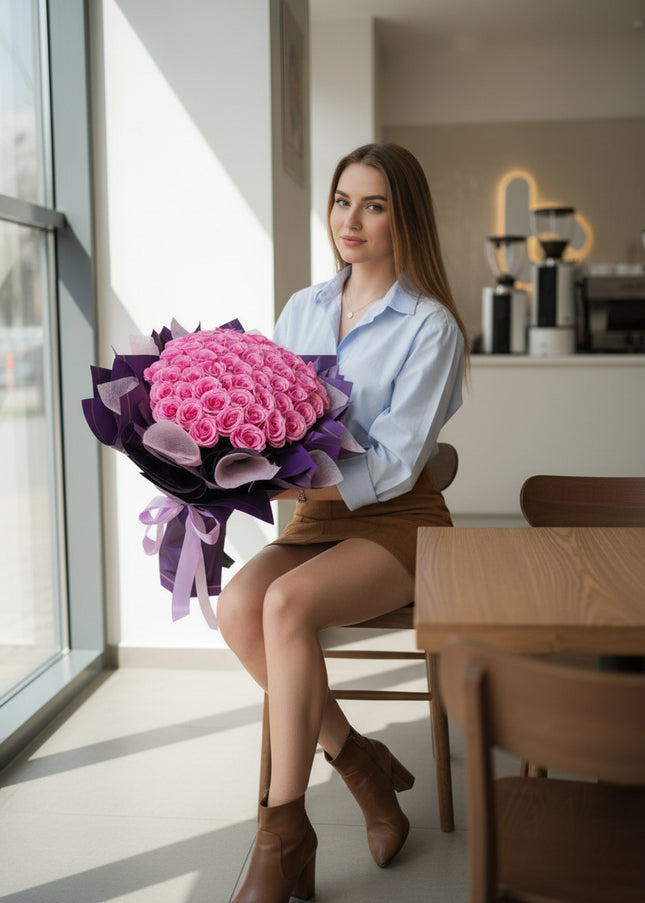 Buchet Gigant "Orchid Symphony" cu 79 Trandafiri Roz și Mov