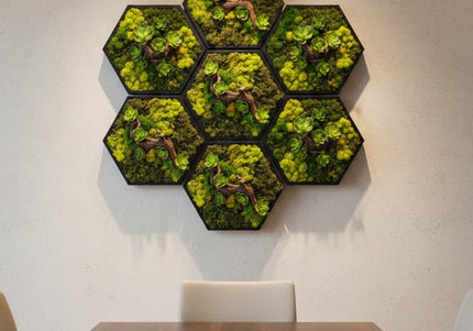 Decor Mural Modular „Emerald Hive” – Un Panou Hexagonal Handmade cu Mușchi, Licheni și Relief Botanic