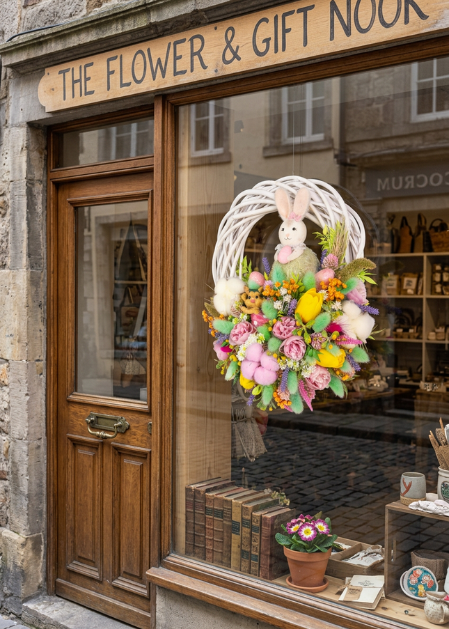 Coroniță florală de Paște „Sweet Bunny” – decor festiv cu iepuraș, flori pastel și accente jucăușe