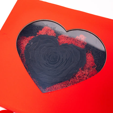 Trandafir Criogenat Negru Inimă Handmade, Cutie Roșie