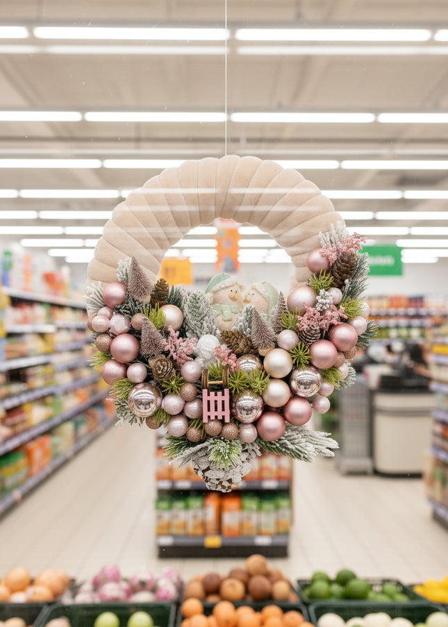 Coroniță Crăciun "Pink Pastel Bears" cu Bază Catifea