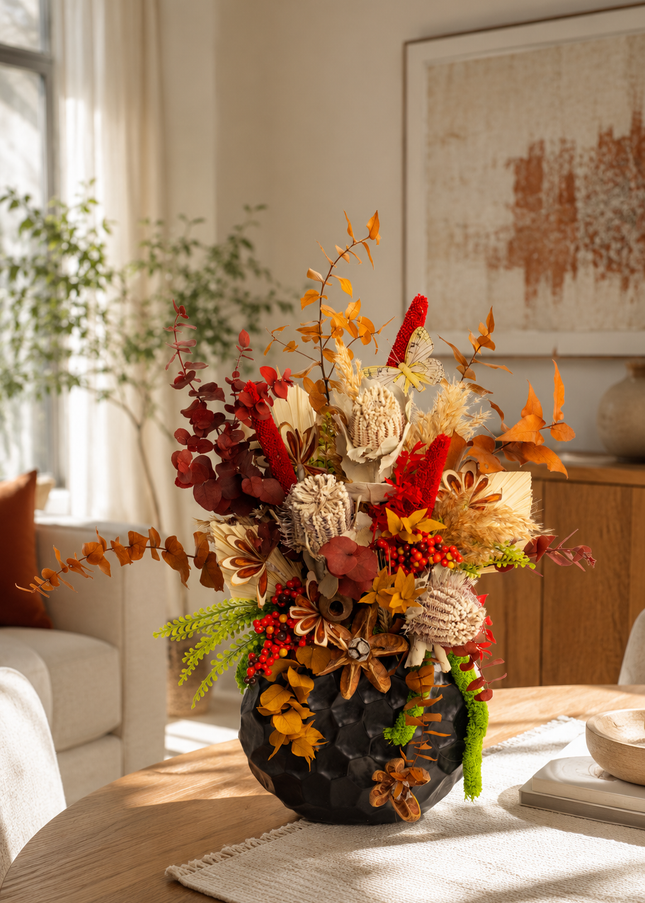 Aranjament floral „Autumn Flame” – compoziție în tonuri calde de toamnă