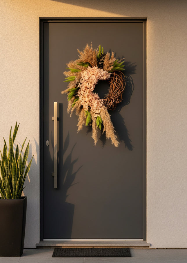 Coroniță Decorativă Handmade „Blush Willow Wreath” – Aranjament din Nuiele, Flori de Hortensie și Ierburi de Păpădie