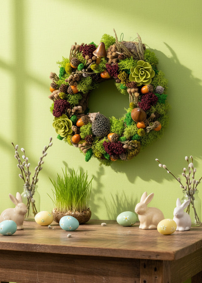 Coroniță Handmade „Prietenii Pădurii” cu Arici și Licheni – Decor Artizanal din Mușchi Stabilizat și Elemente Naturale
