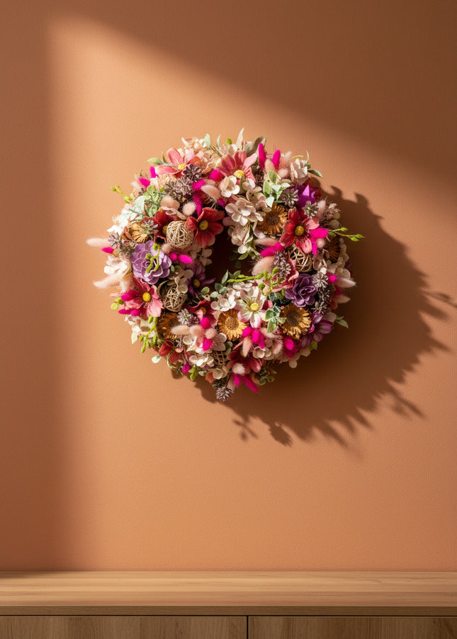 Coroniță Florală „Wildflower Celebration” – Aranjament Handmade Bogat cu Flori Uscate, Criogenate și Accente Boho