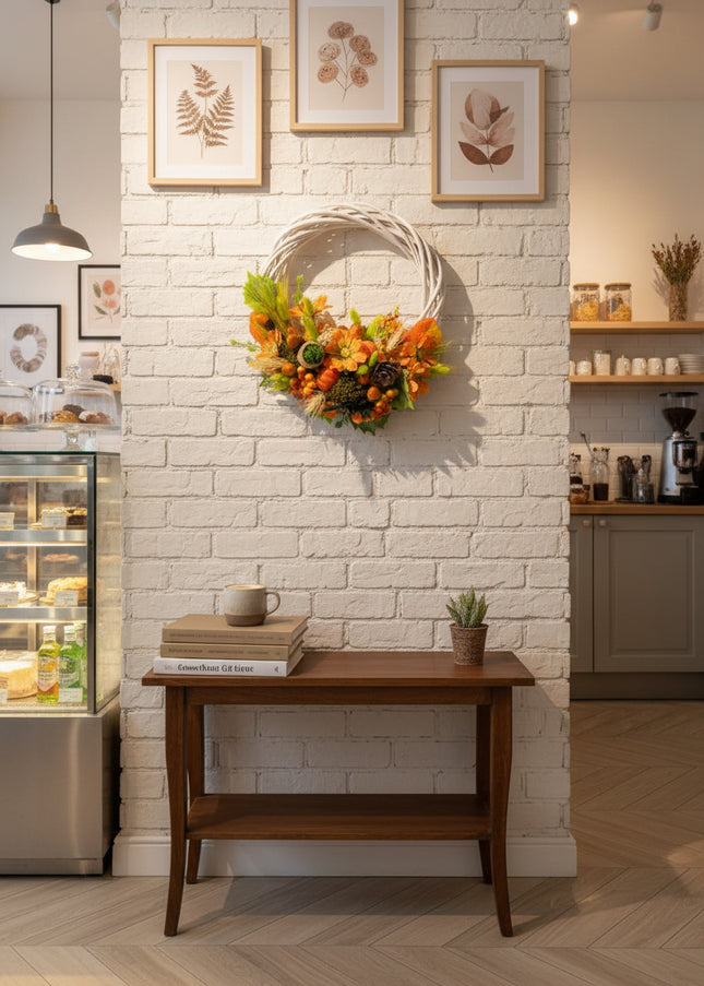 Coroniță Handmade „Autumn Glow” – Aranjament Floral pe Bază de Răchită Albă cu Flori de Dovleac și Spice
