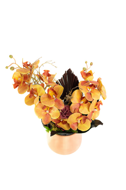 Aranjament Floral „Orchid Sunset” în Vas Ceramic – Compoziție Premium cu Orhidee Portocalii, Licheni și Accente Exotice