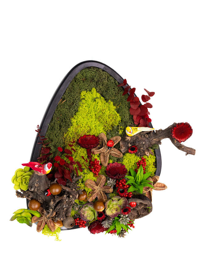 Tablou „Crimson Grove” cu licheni stabilizați și accente roșii – decor natural cu elemente botanice