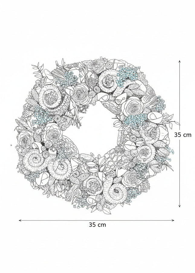 Coroniță Botanică „Emerald Forest Spiral” – Aranjament Handmade cu Flori de Lemn, Mușchi Stabilizat și Accente de Turcoaz