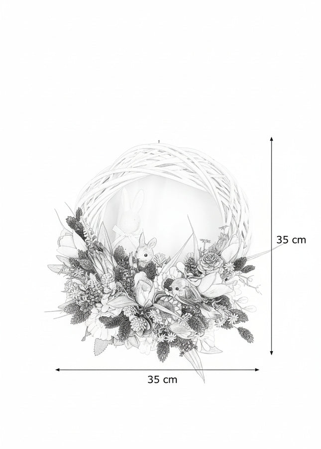 Coroniță florală de Paște „Pastel Nest” – decor festiv cu iepuraș, flori colorate și accente naturale