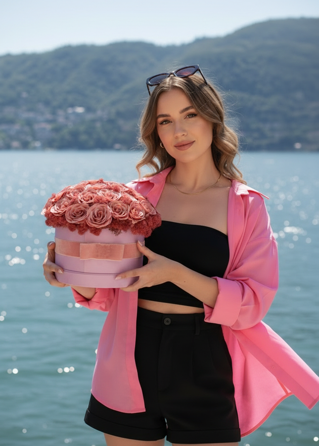 Aranjament de lux cu 55 Trandafiri de Săpun Roz Prăfuit