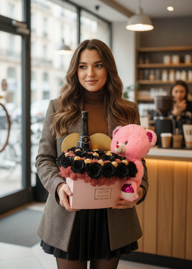 Aranjament Inimă 31 Trandafiri Săpun Negri (Glitter), Șampanie & Ursulet