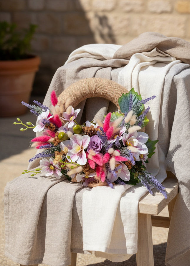 Coroniță Florală Handmade „Boho-Chic Dream” – Aranjament cu Iută, Flori Exotice și Accente de Lavandă