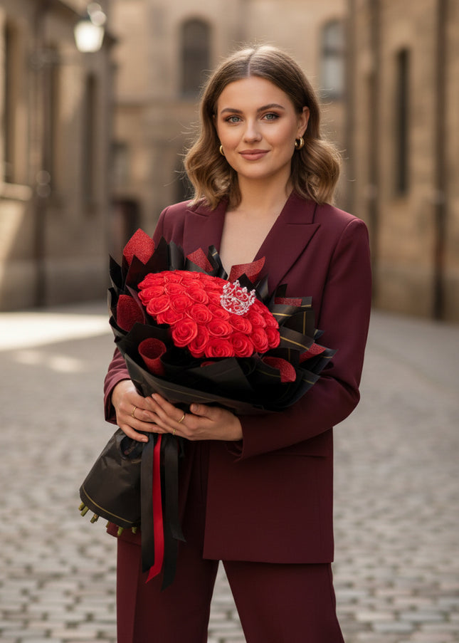Buchet Gigant "Royal Crimson" cu 79 Trandafiri și Coroană