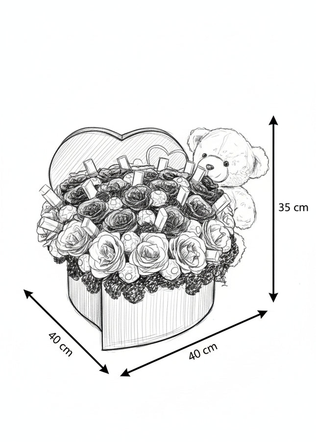 Aranjament Inimă "Sweet Pink": 41 Trandafiri Săpun, Raffaello & Ursuleț