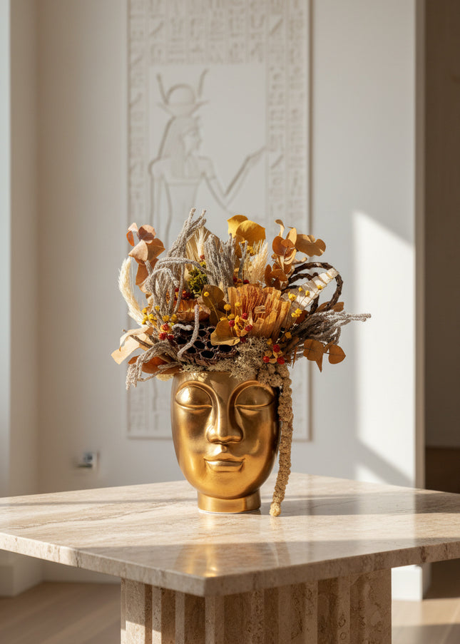 Aranjament Floral „Golden Muse” în Vas Sculptural Auriu – Decor de Lux cu Flori Uscate, Eucalipt și Accente Solare