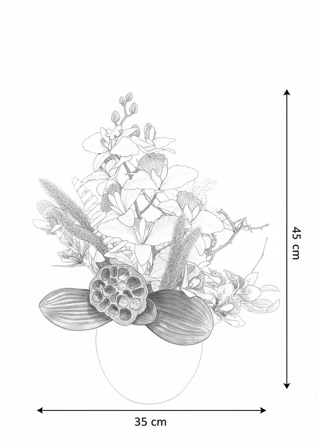 Aranjament Floral „Emerald Orchid” în Vas Ceramic Alb – Compoziție Handmade cu Orhidee Verzi, Lotus și Accente Naturale