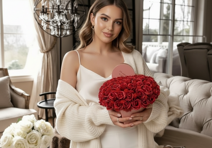 Aranjament "Burgundy Passion" în Cutie Inimă Roz Prăfuit