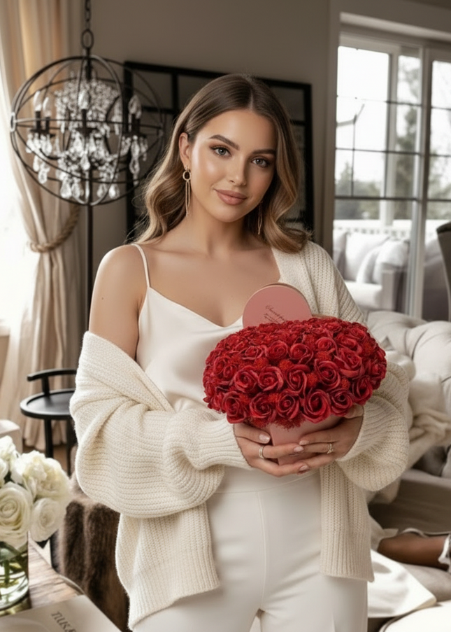 Aranjament "Burgundy Passion" în Cutie Inimă Roz Prăfuit