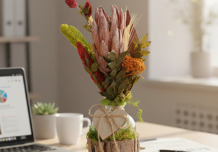 Mini-Aranjament Floral „Protea Soul” în Suport de Scoarță – Decor cu Floare Protea, Licheni și Accente Verzi