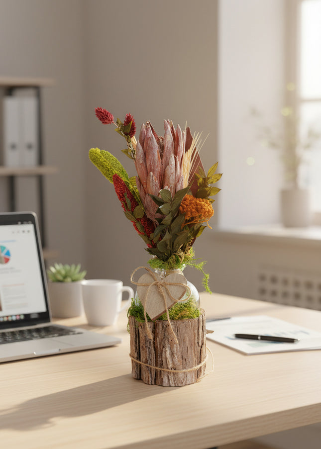 Mini-Aranjament Floral „Protea Soul” în Suport de Scoarță – Decor cu Floare Protea, Licheni și Accente Verzi